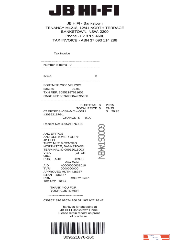 Australia JB Hi Fi tax invoice PSD template